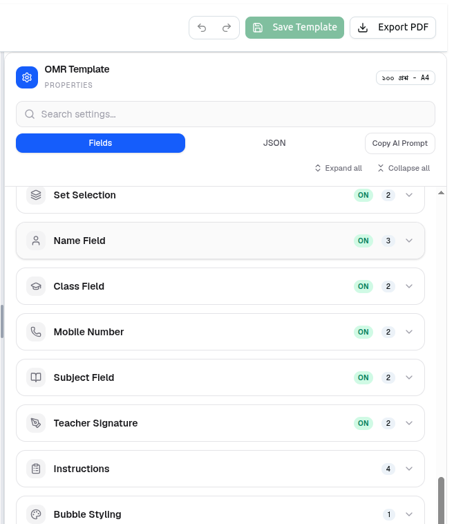 The OMR properties panel showing collapsible sections with toggles and field counts