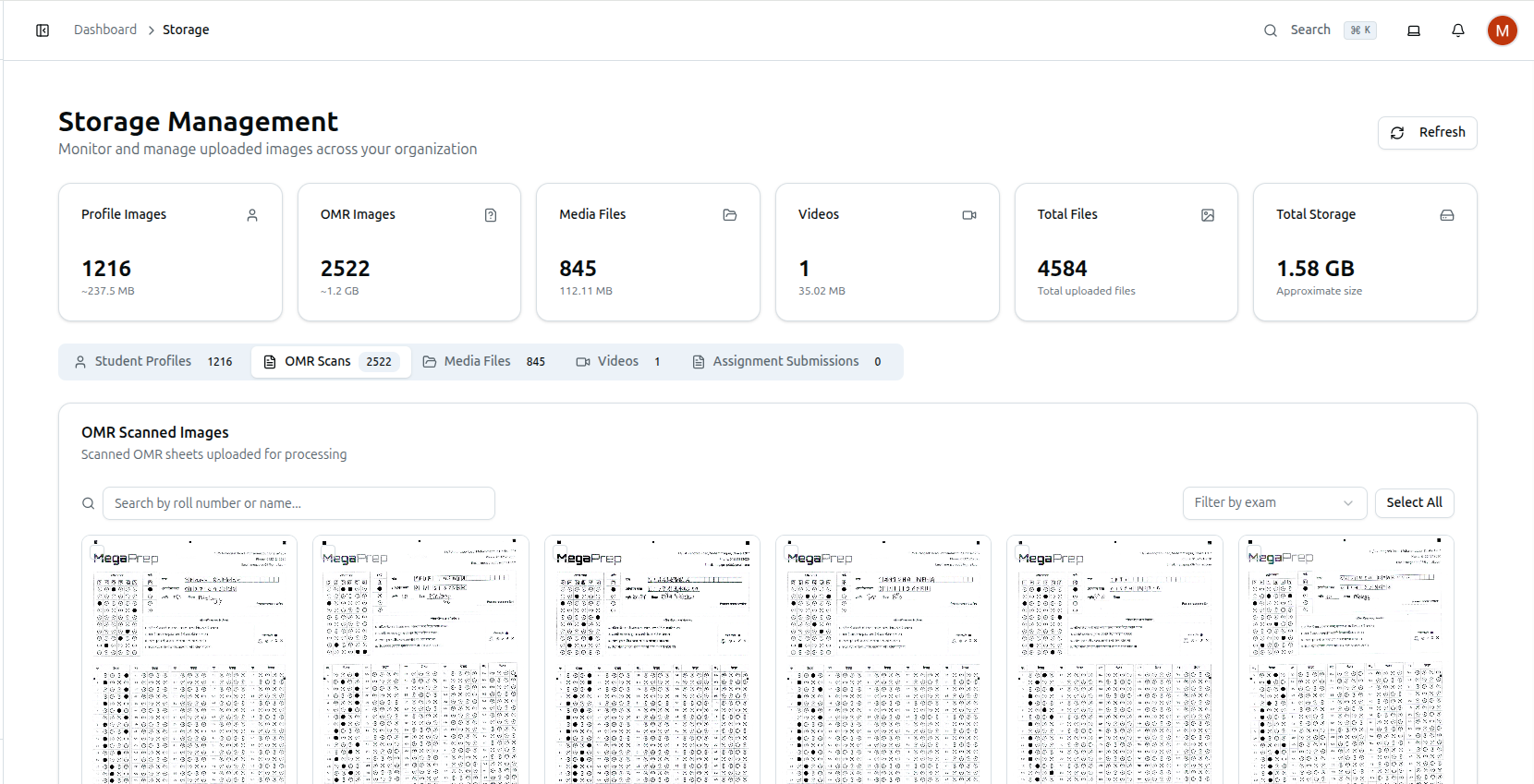 The OMR Scans tab with the Filter by exam dropdown
