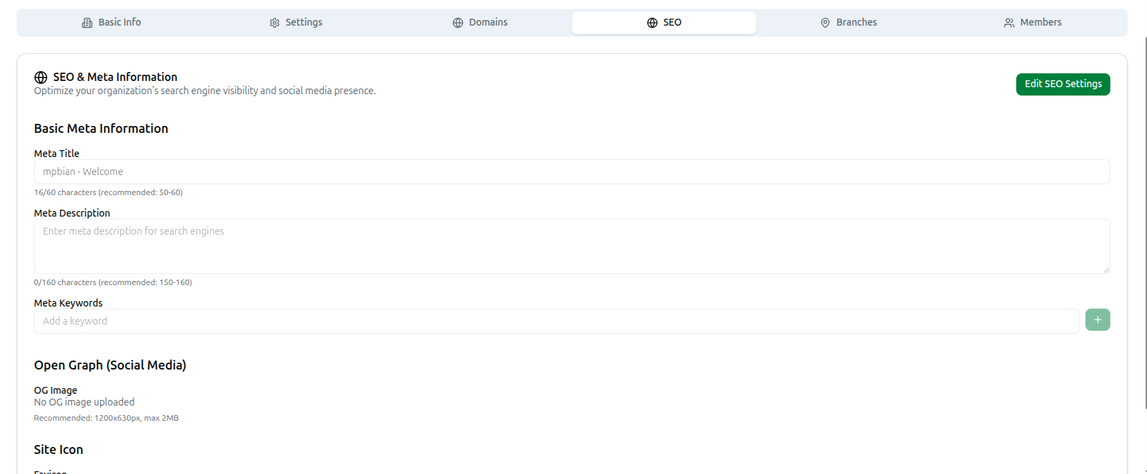 The SEO tab showing meta information, Open Graph image, and favicon