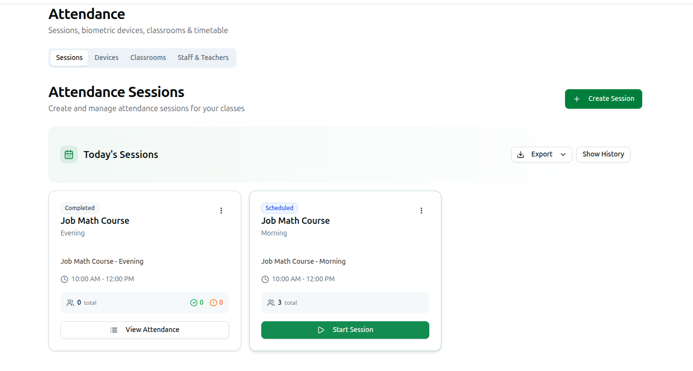 A Scheduled session with Start Session, next to an Active session with View/Scan/End