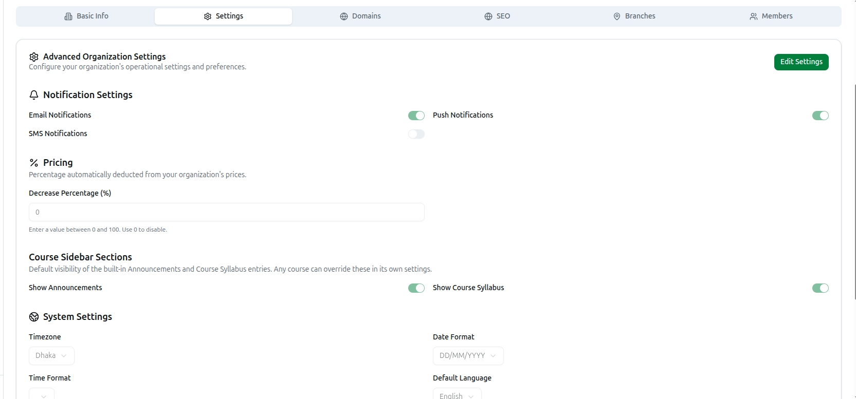 The Advanced Organization Settings panel on the Settings tab