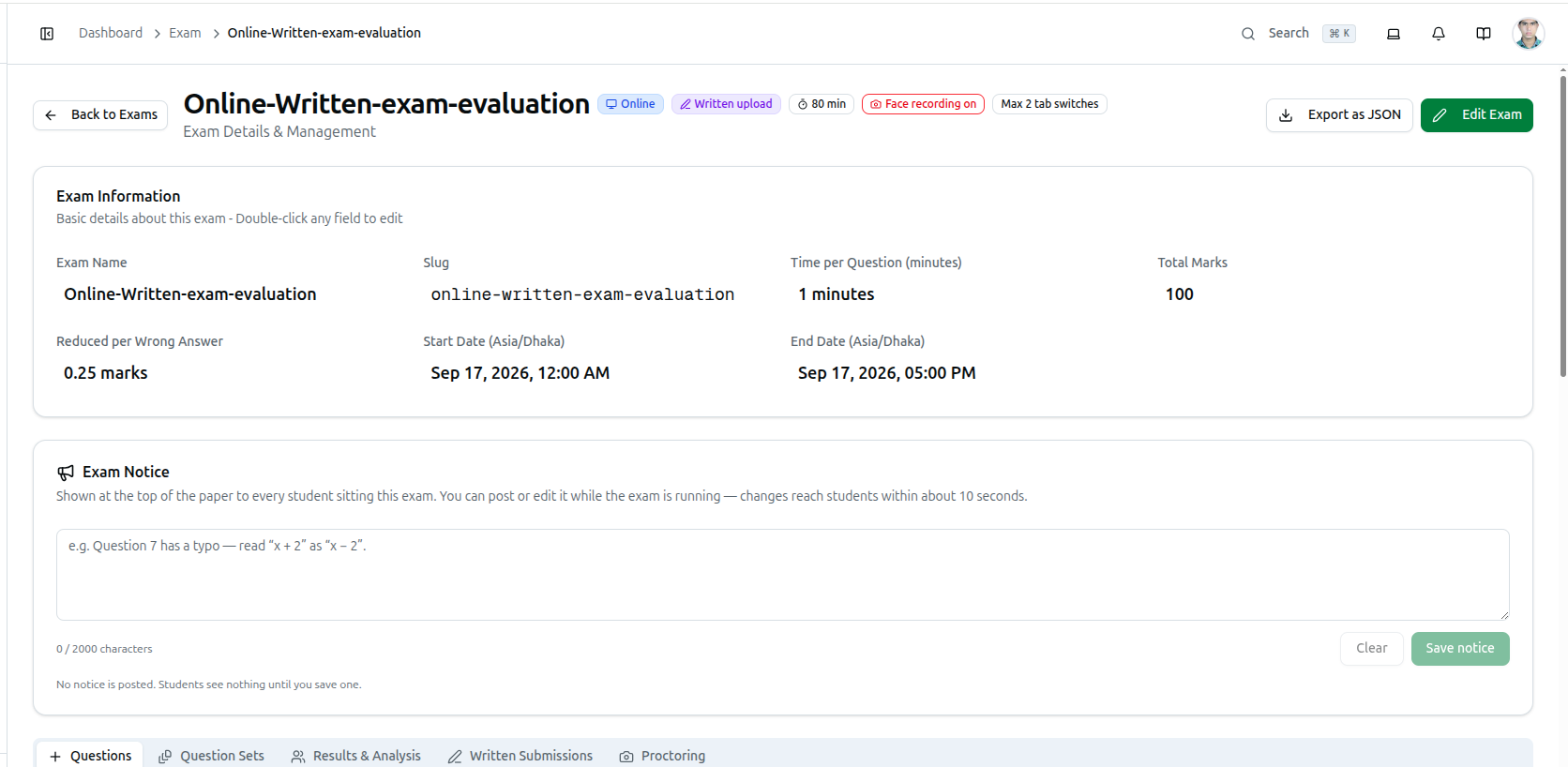 Exam detail page header showing Online, Written upload, 80 min, Face recording on and Max 2 tab switches badges, plus the Exam Information and Exam Notice cards