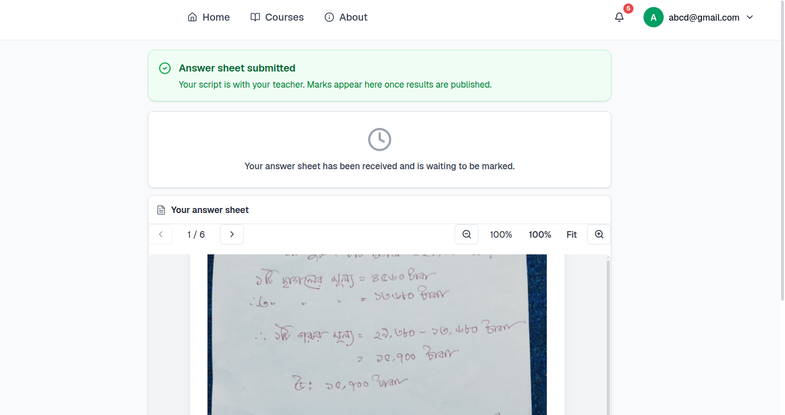 Post-submission screen: "Answer sheet submitted" confirmation, a waiting-to-be-marked notice, and a preview of the student's own uploaded pages