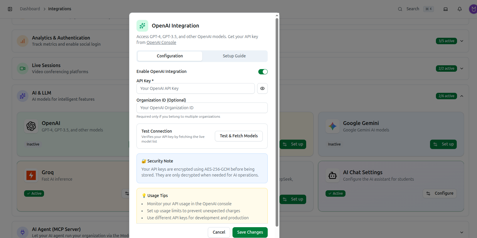 The OpenAI Integration dialog, showing the pattern shared by every AI provider