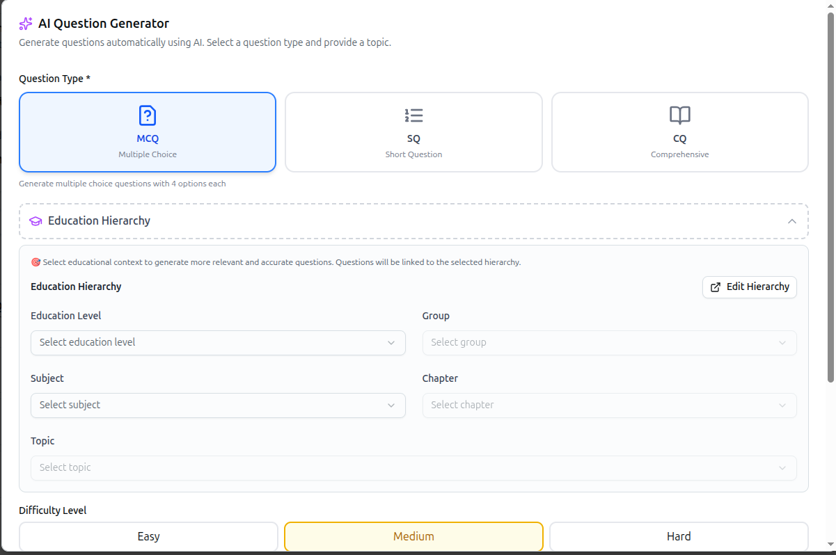 The AI Question Generator with question type, hierarchy and difficulty