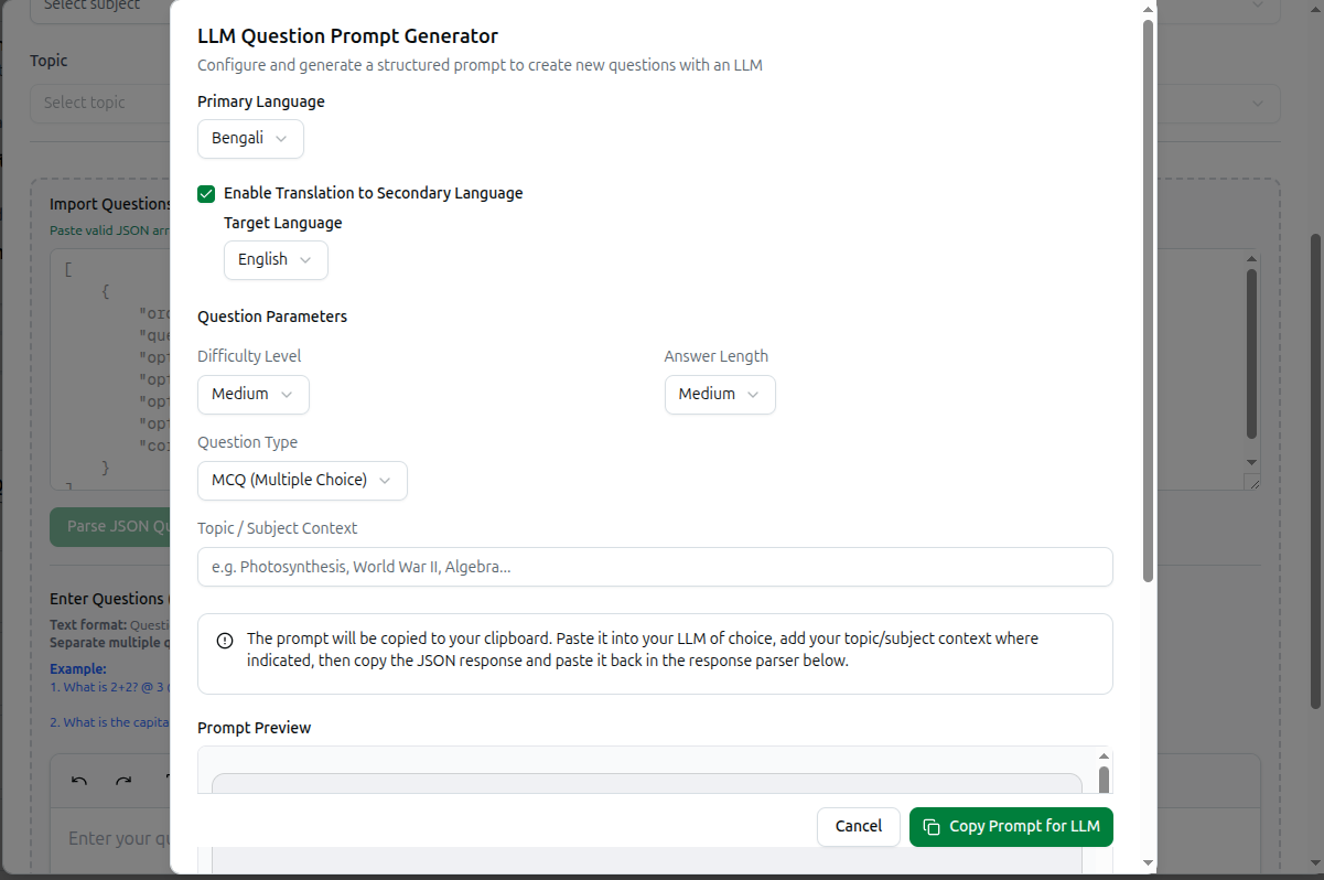 The LLM Question Prompt Generator dialog