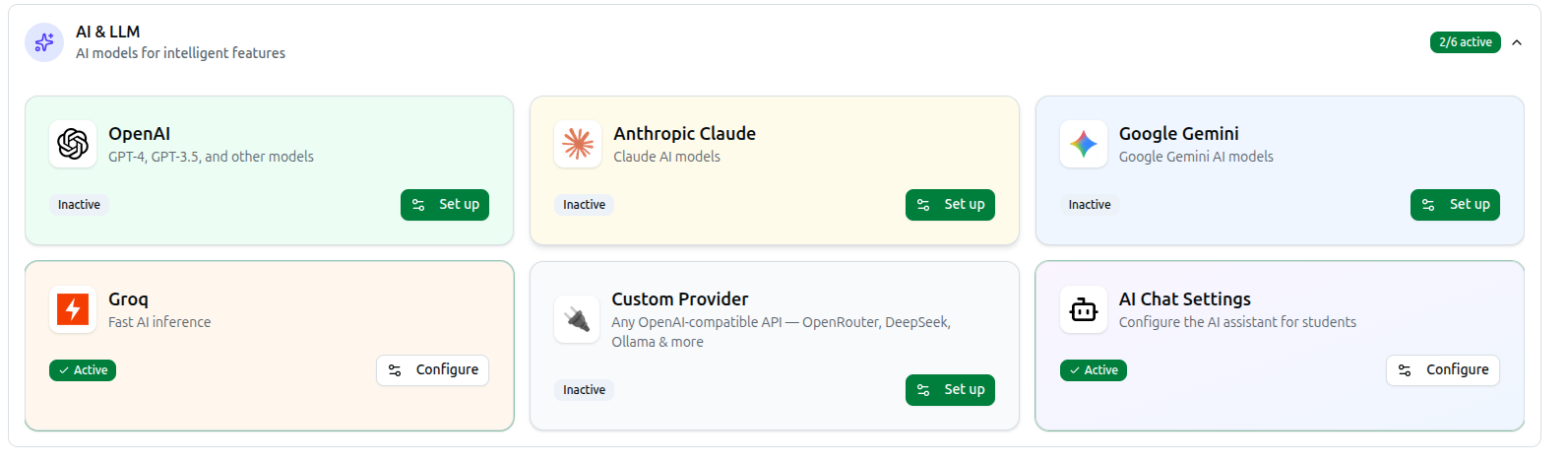 The AI & LLM category: OpenAI, Anthropic Claude, Google Gemini, Groq, Custom Provider, and AI Chat Settings