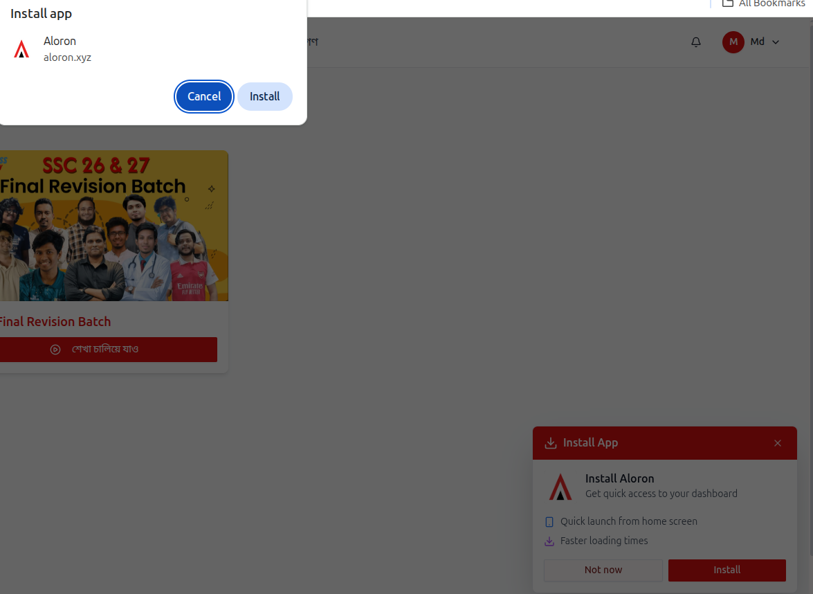 The native "Install app" browser dialog alongside the platform's own Install App banner card