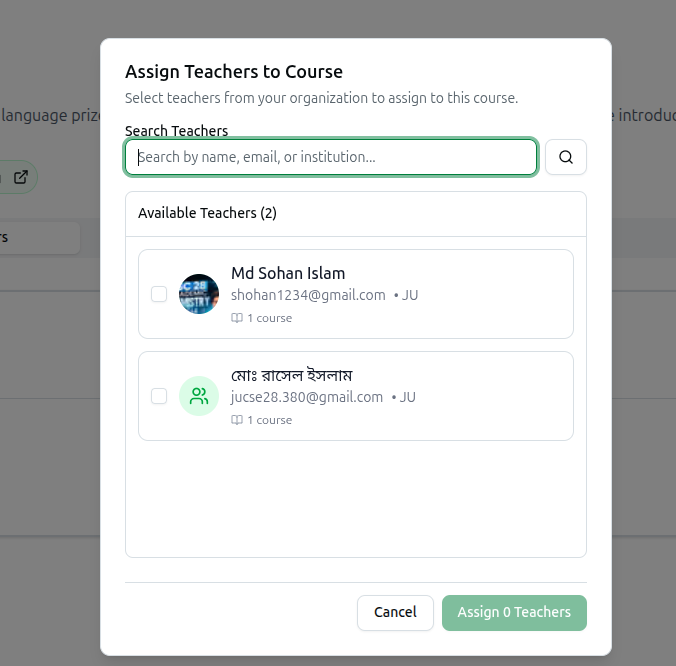 Assign Teachers to Course dialog with a teacher search box and a list of available teachers to tick
