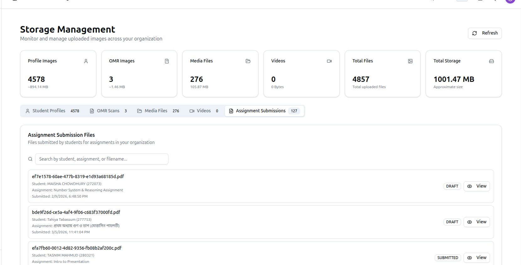 The Assignment Submissions tab: a view-only list with status badges