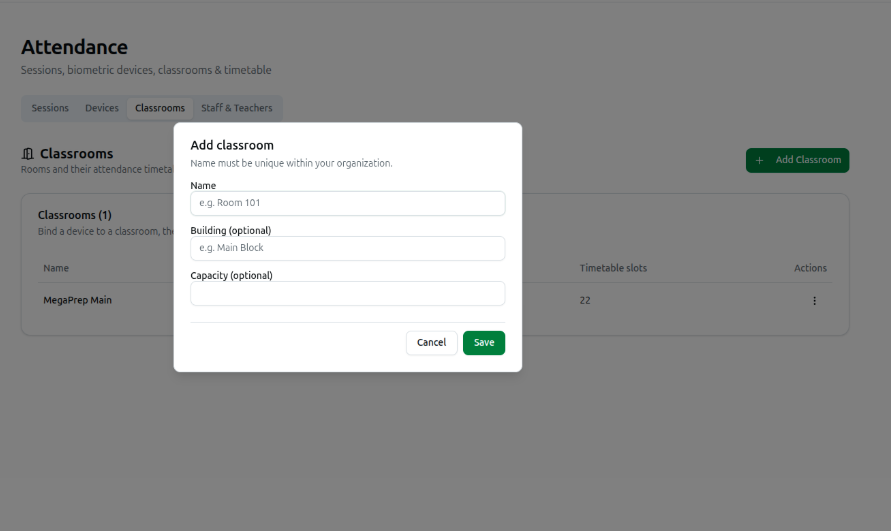 The Add classroom dialog: Name, Building, Capacity