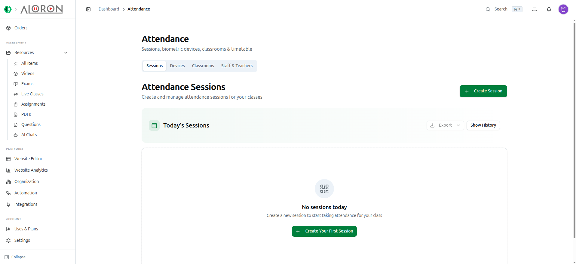The Attendance page's Sessions tab, showing the empty state and Create Session button