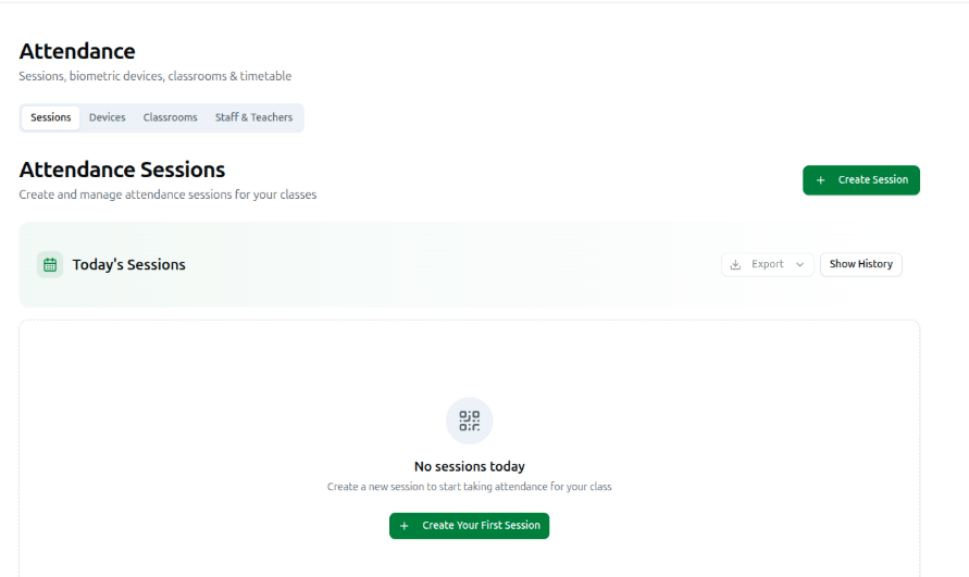 The Attendance page's four tabs: Sessions, Devices, Classrooms, Staff & Teachers
