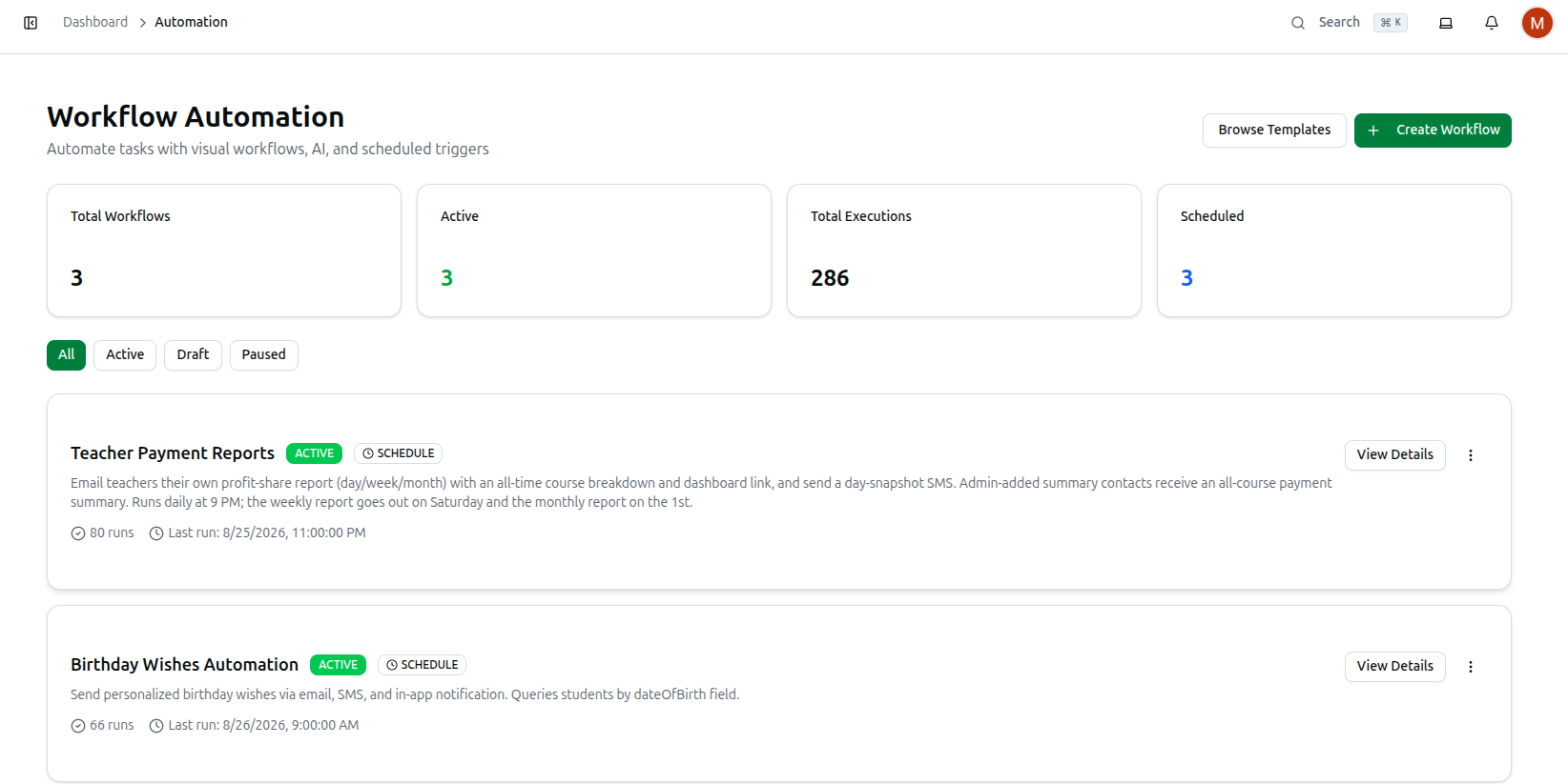 The Automation page showing the Total Workflows / Active / Total Executions / Scheduled stat cards, the All / Active / Draft / Paused filters, and two example workflows below