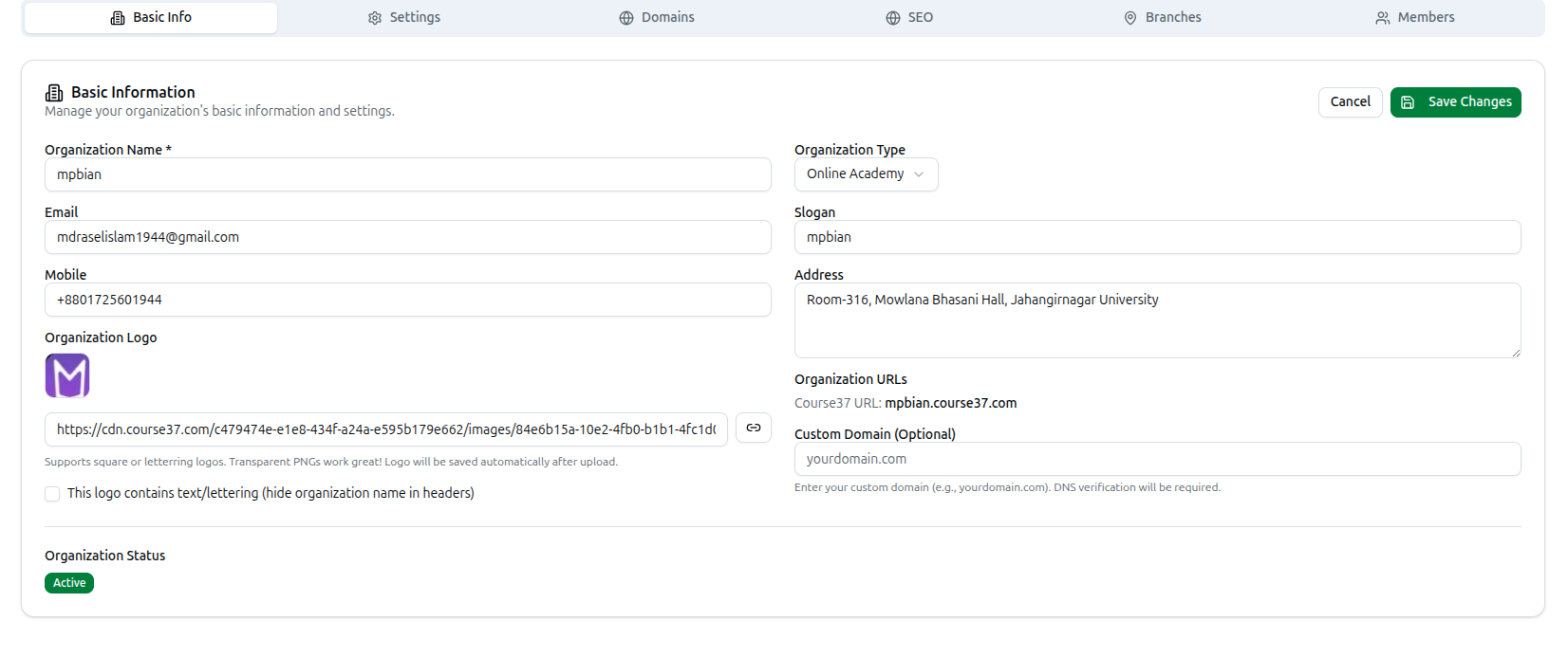 The Basic Info tab of the Organization Management page