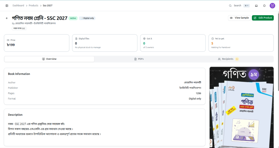 A product's detail page with its stat cards, image gallery and Overview tab