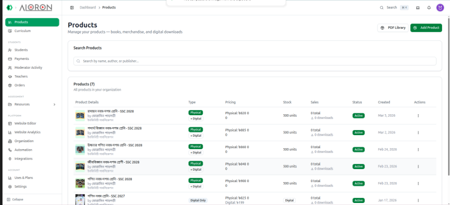 The Products dashboard with the product table, search box, and Add Product / PDF Library buttons