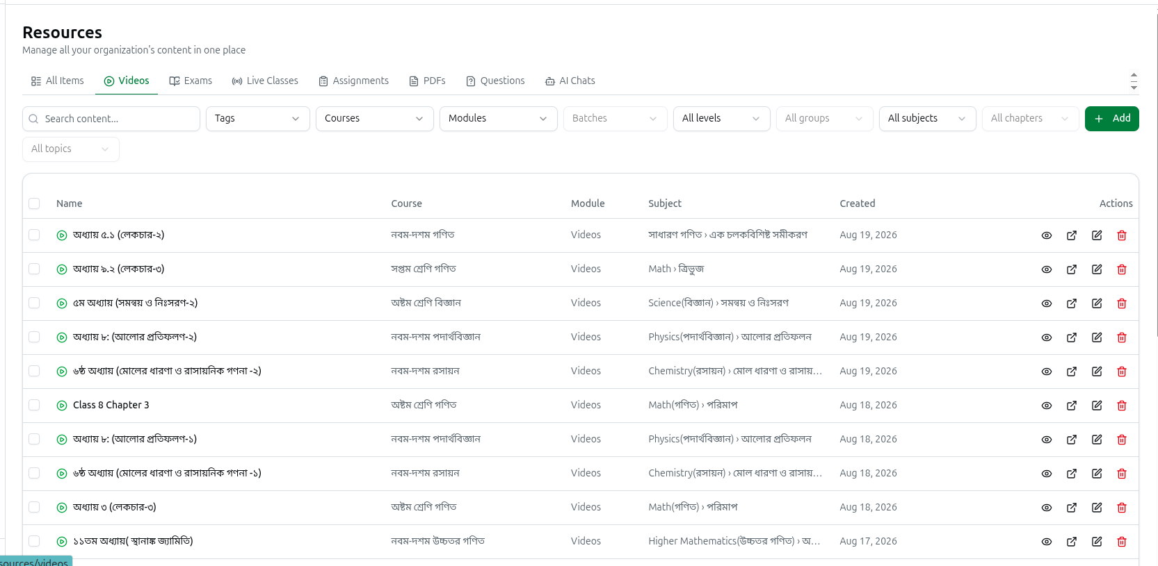 The shared filter row above a resource list, with dependent filters greyed out