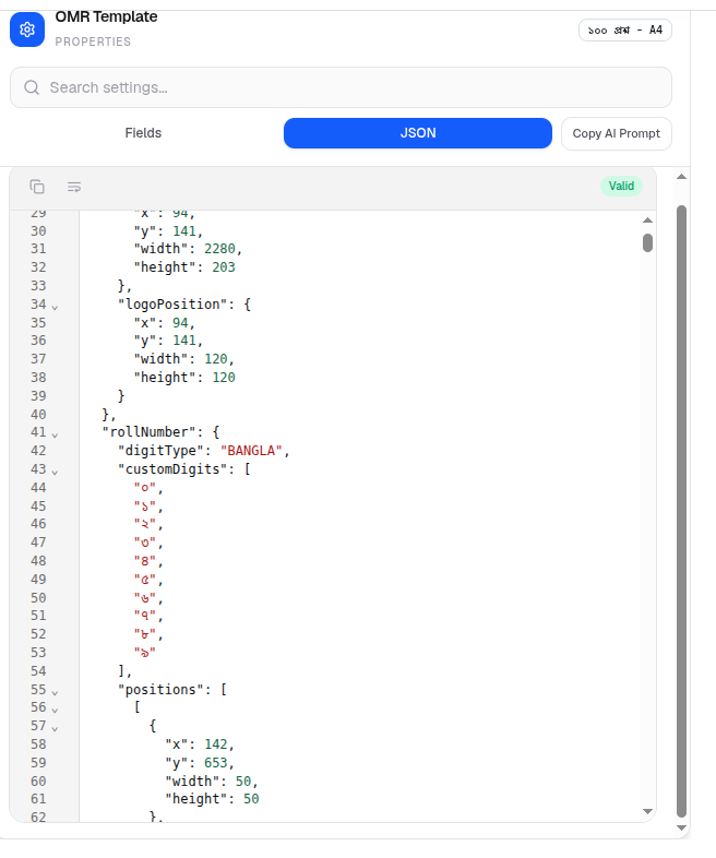 The JSON tab showing raw template configuration with a Valid badge