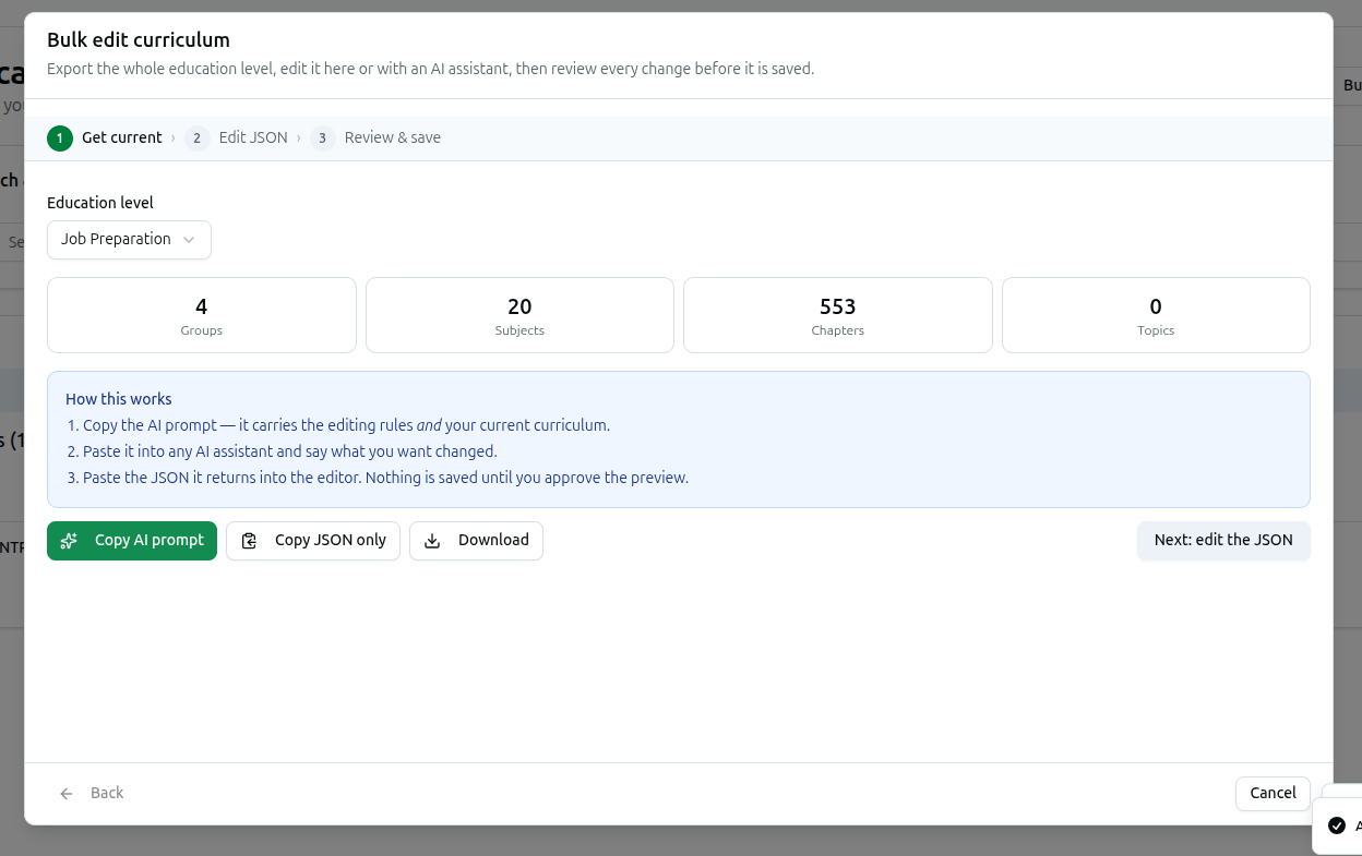 Bulk edit curriculum dialog showing the Get current, Edit JSON and Review & save steps, with buttons to copy the AI prompt or the JSON