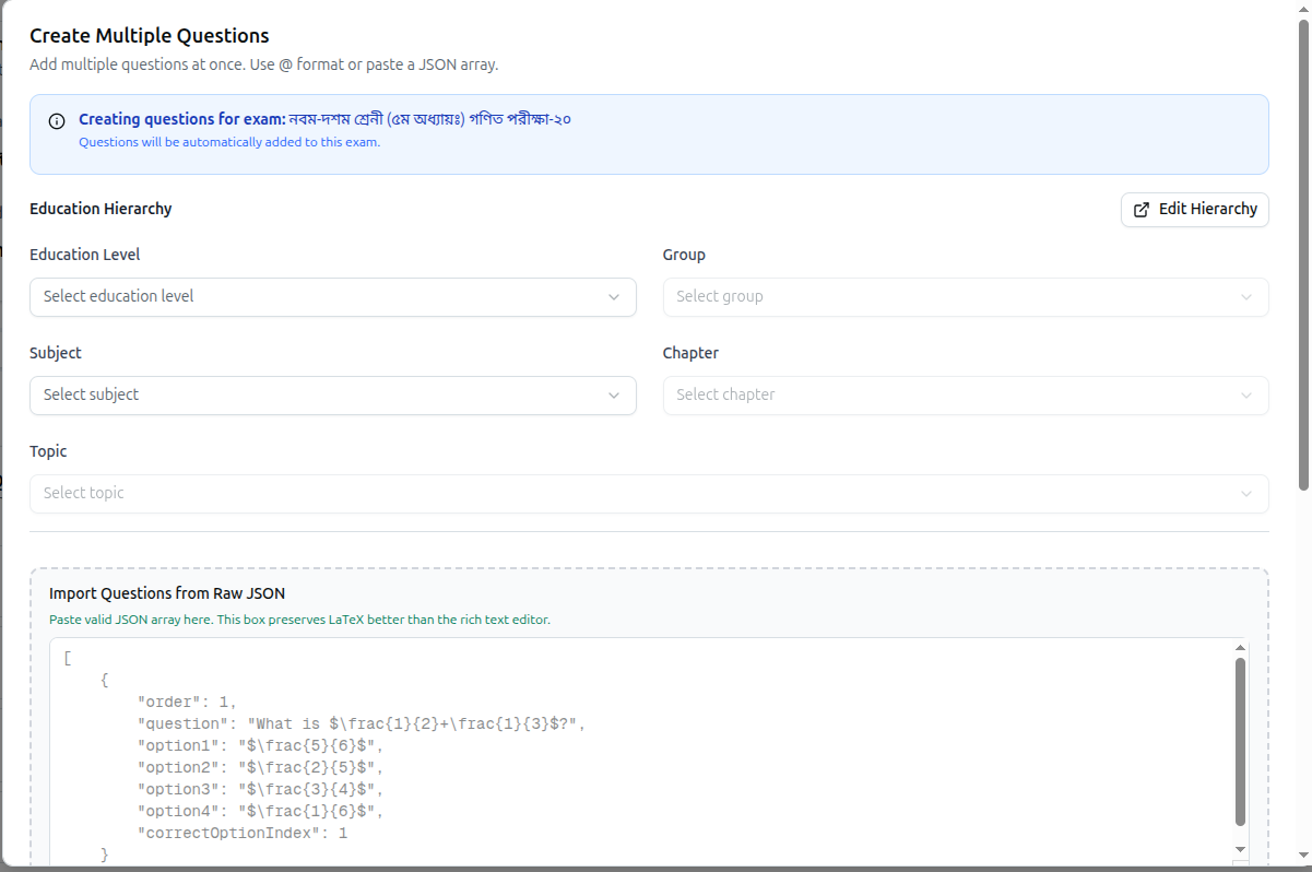 The Create Multiple Questions dialog with hierarchy and raw JSON input