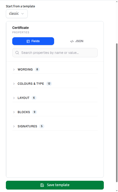 The properties panel's five collapsed groups — Wording, Colours & Type, Layout, Blocks and Signatures — each showing its setting count