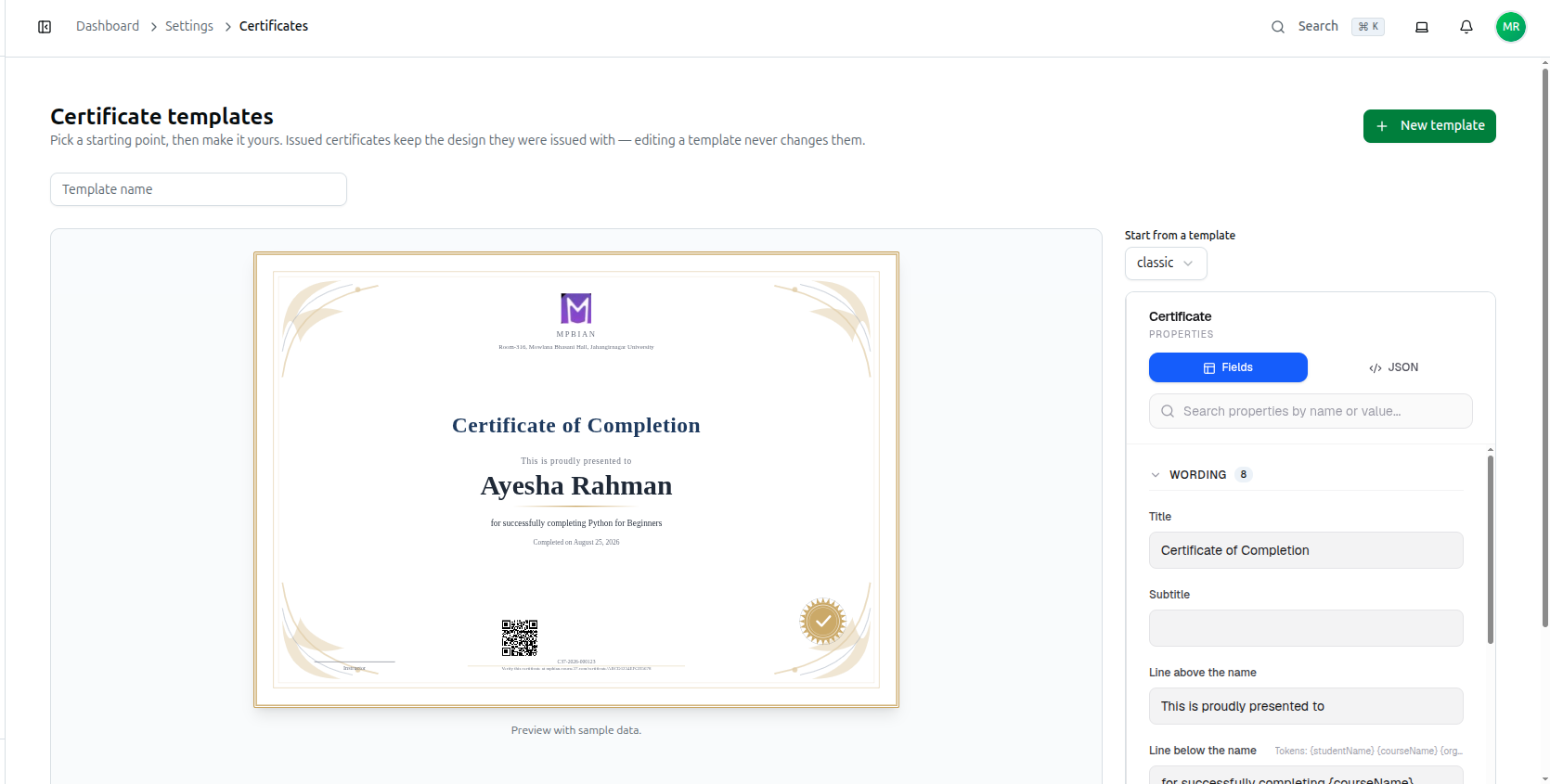 The certificate designer — live preview on the left, properties panel with the Wording group open on the right