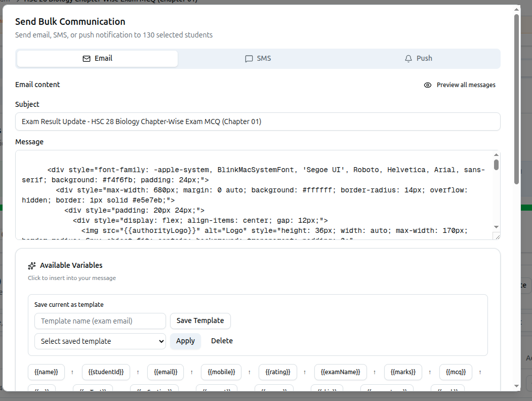 The Email, SMS and Push tabs across the top of the Send Bulk Communication dialog