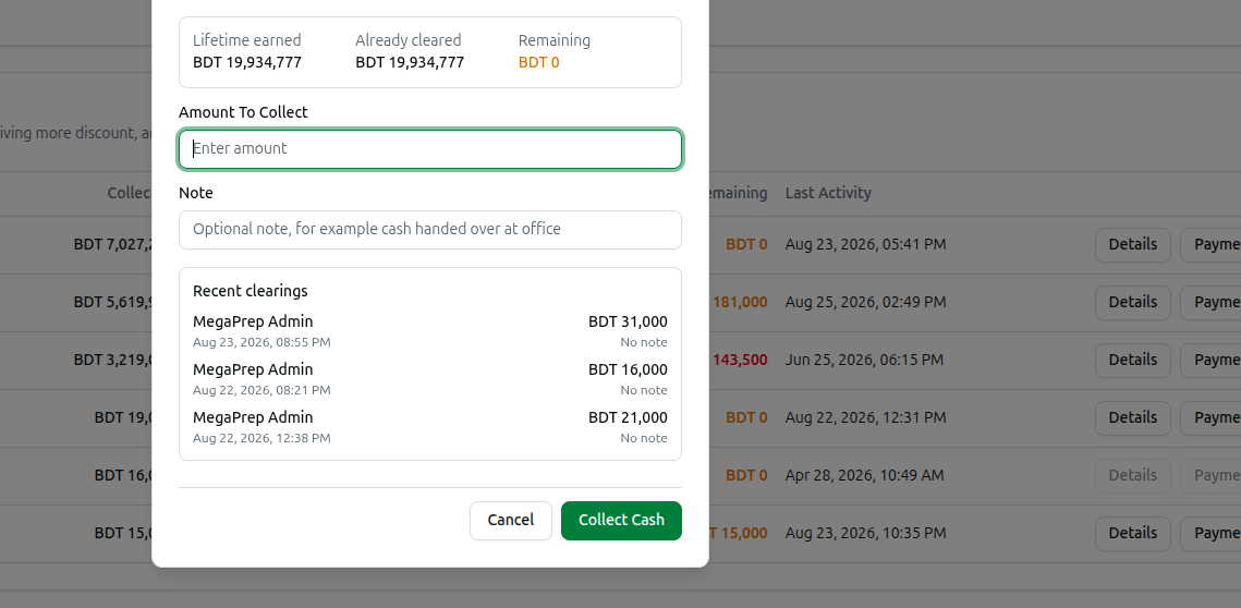 The Collect Cash dialog with the amount field, note, and Recent clearings list