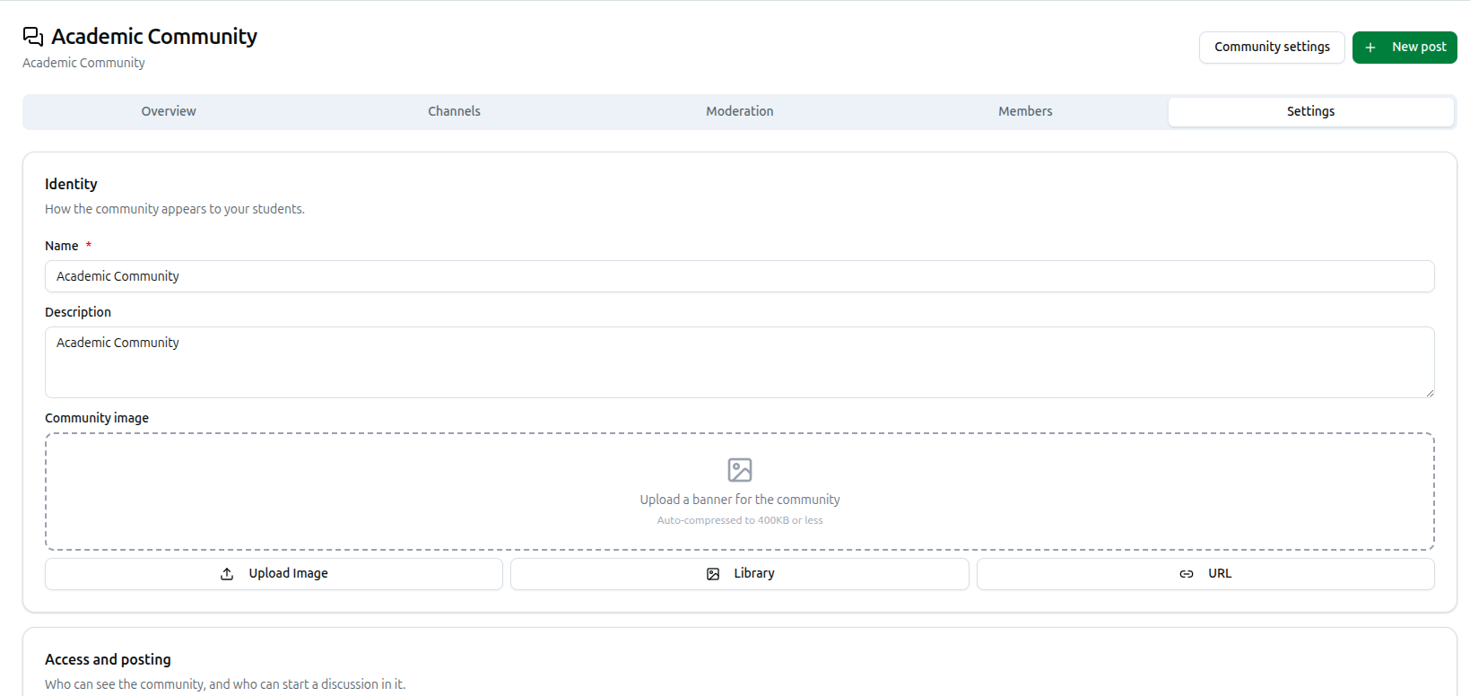 Community Settings tab, Identity section, with Name, Description and Community image fields