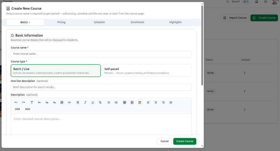 Create New Course dialog with the Basics, Pricing, Schedule, Enrollment and Highlights tabs, and the Course type choice between Batch / Live and Self-paced