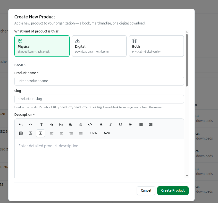 The Create New Product dialog with the Physical, Digital and Both product type cards