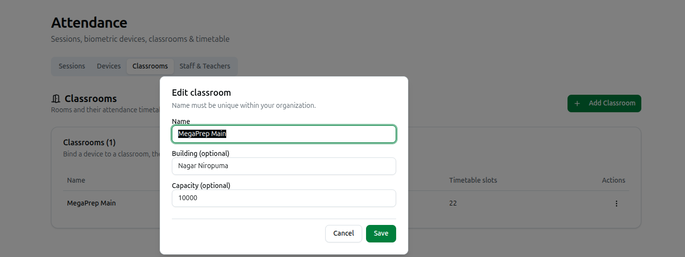 The Edit classroom dialog with existing values filled in