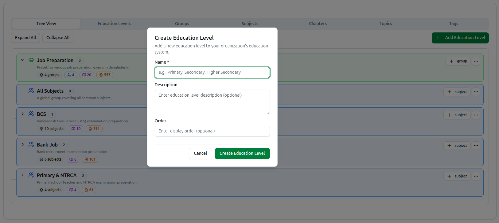Create Education Level dialog opened from the tree, with Name, Description and Order fields