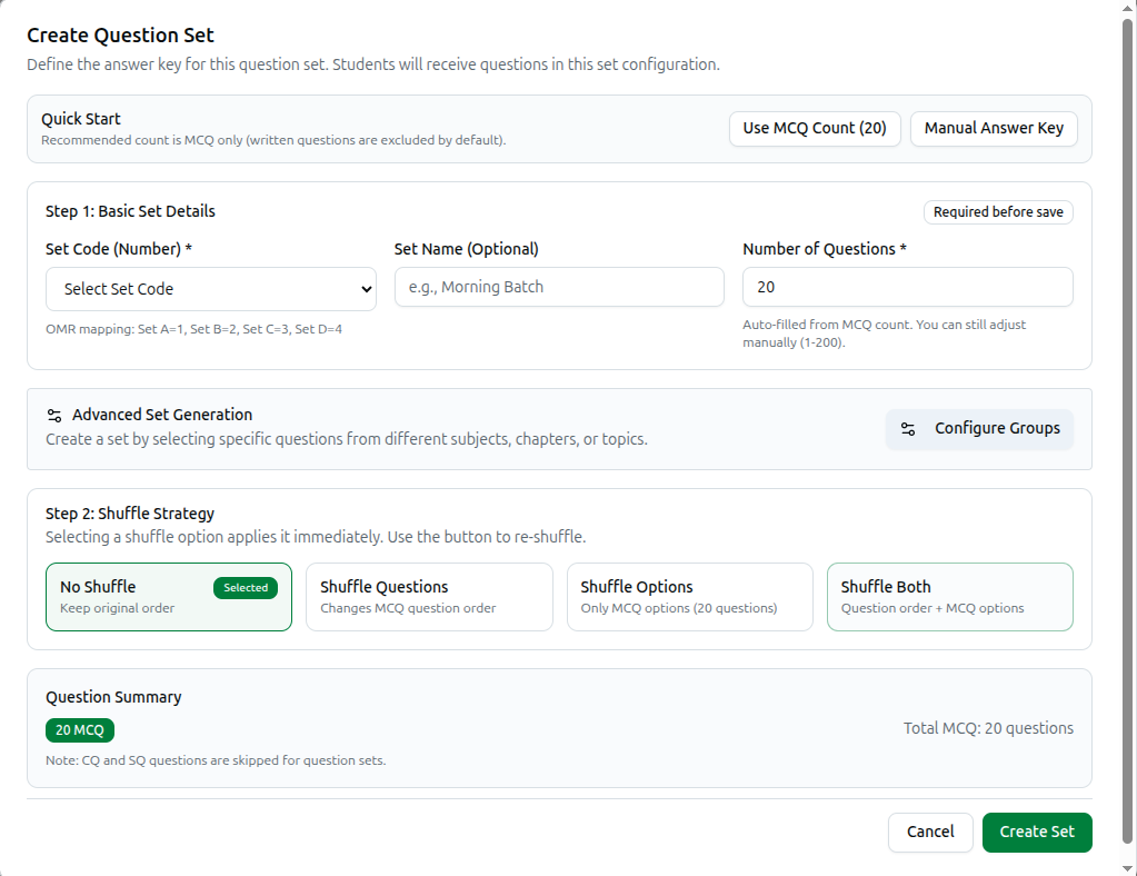 The Create Question Set dialog with set details, shuffle strategy and summary