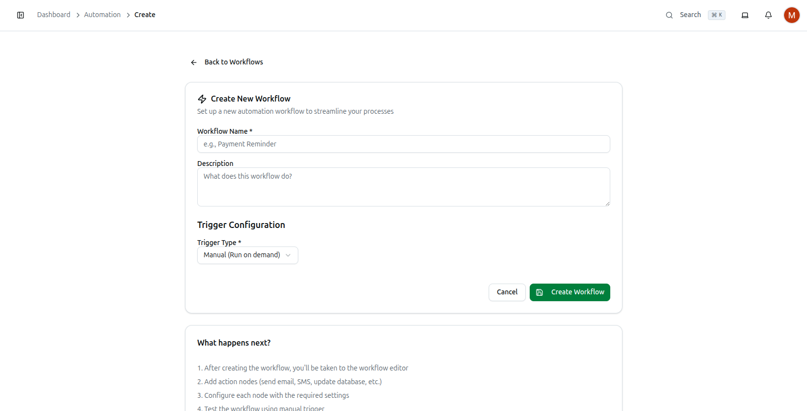 The Create New Workflow form: name, description, and the Trigger Type dropdown