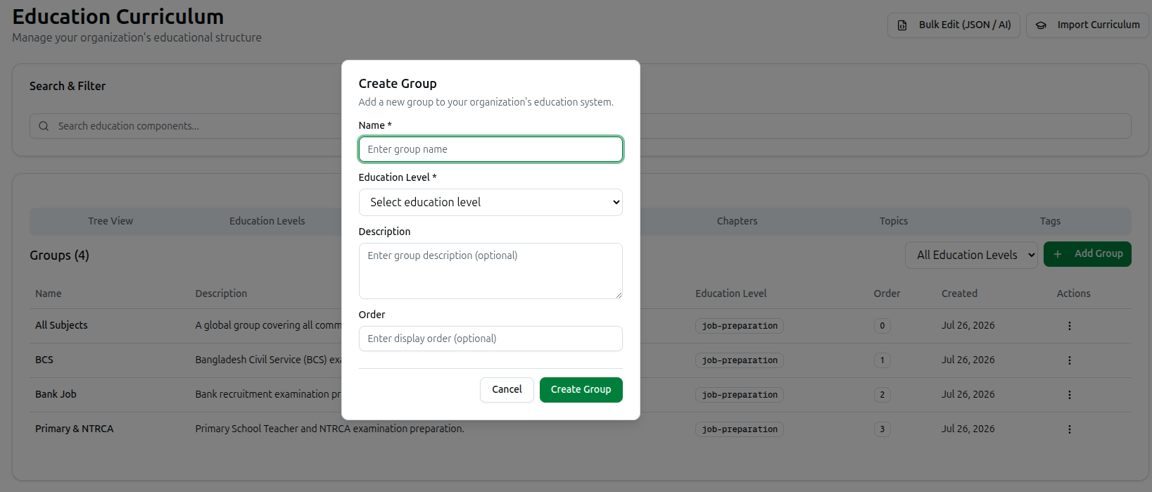 The Groups tab with the Create Group dialog open