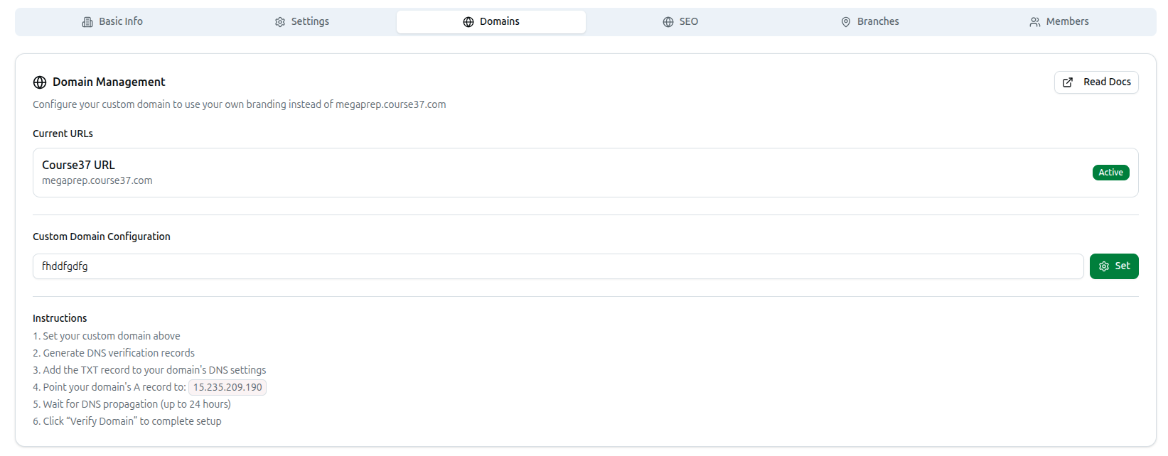 The Domains tab: Current URLs, Custom Domain Configuration, and the six-step Instructions