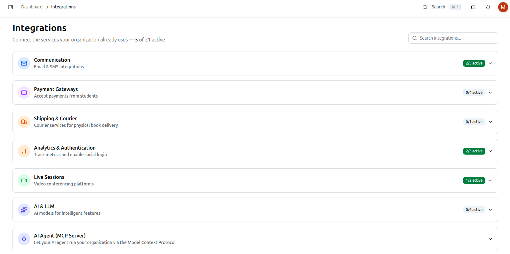The Integrations page showing collapsible category sections — Communication, Payment Gateways, Shipping & Courier, Analytics & Authentication, Live Sessions, AI & LLM and AI Agent — each with an N/M active badge