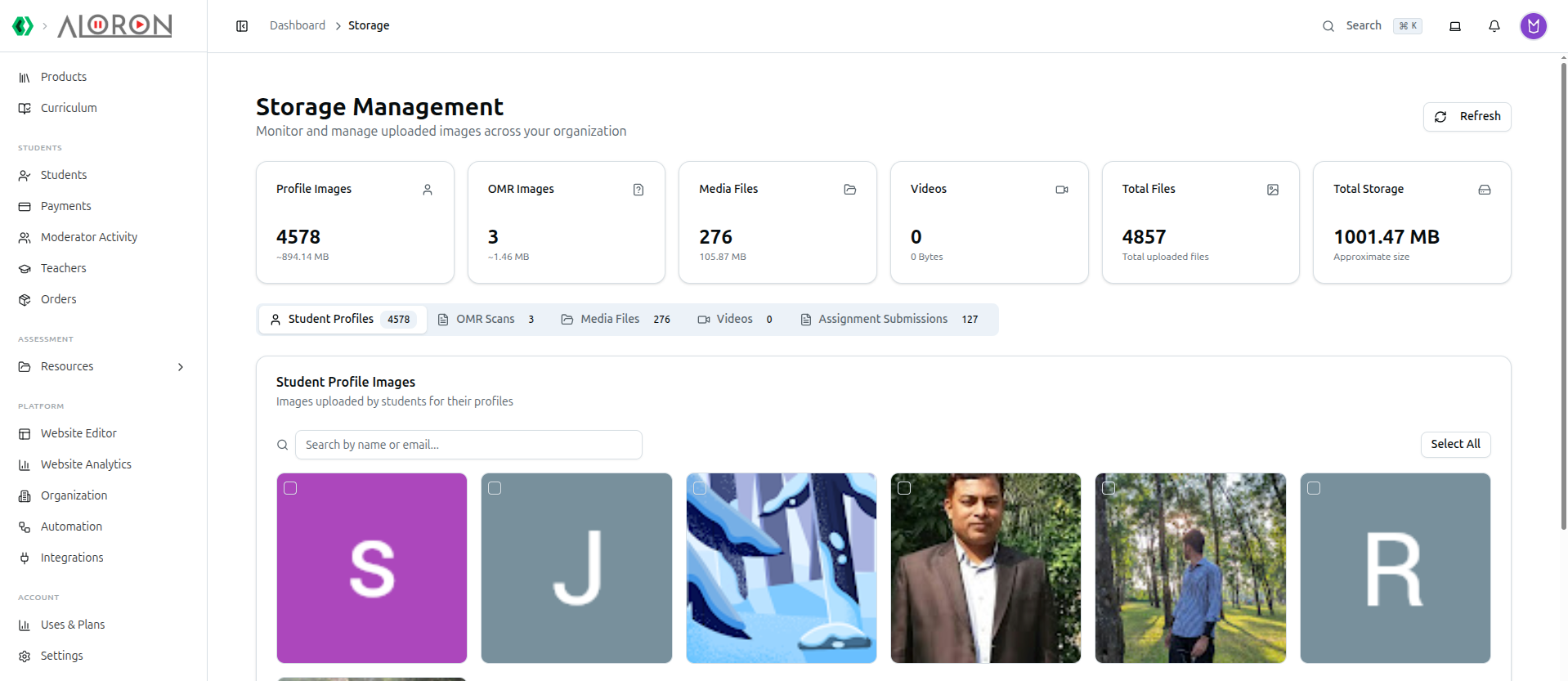 The Storage Management page: 6 stat cards, the tab row, and the Student Profiles grid