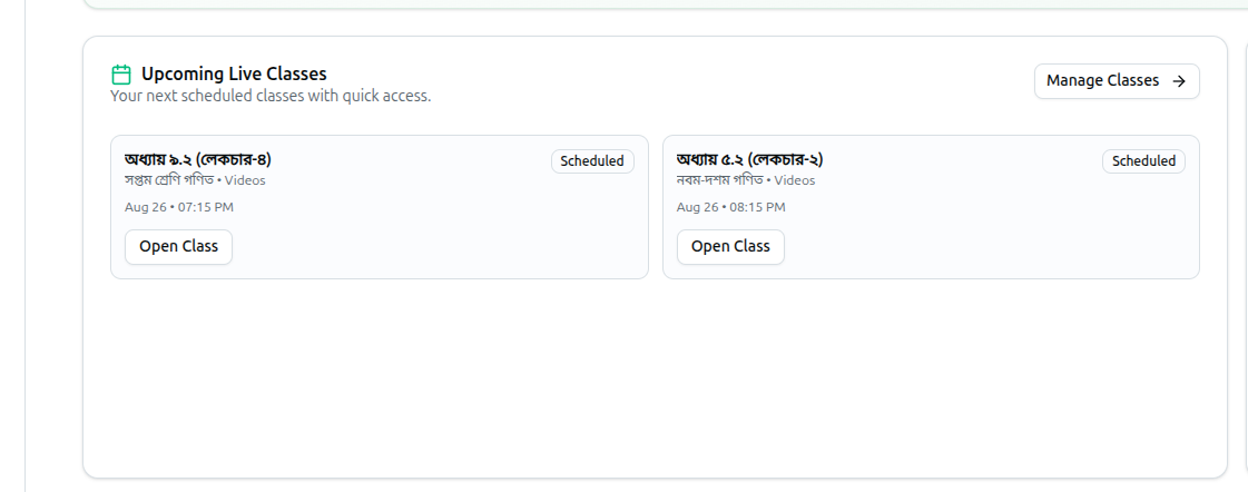 Screenshot of the Upcoming Live Classes card showing class titles, dates, status badges, and the Open Class buttons