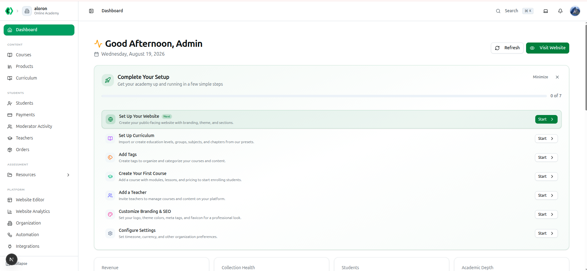 The Course37 admin dashboard as it appears immediately after logging in