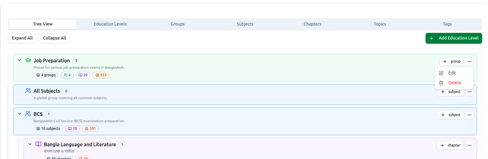 Tree View row's three-dot menu open, showing the Edit and Delete options