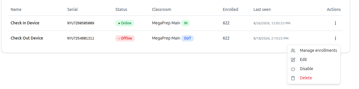 The device row's ⋮ menu: Manage enrollments, Edit, Disable, Delete
