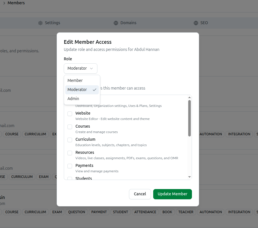 The Edit Member Access dialog with its Role dropdown open on Member / Moderator / Admin