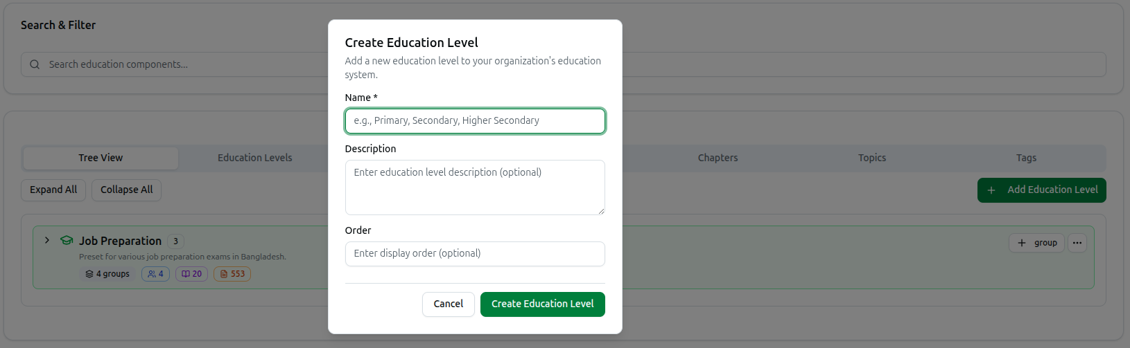 The Create Education Level dialog opened from Tree View