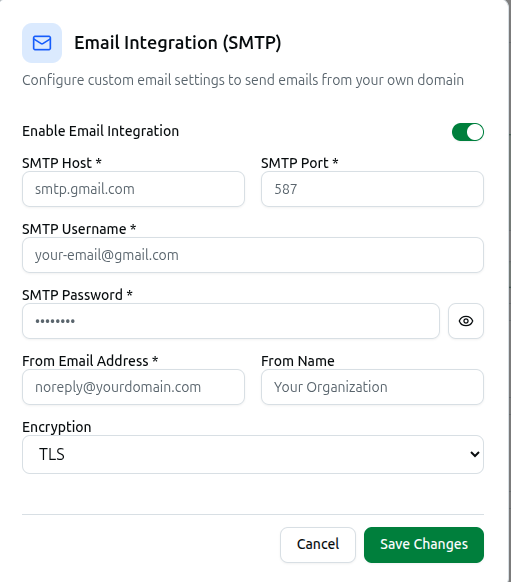The Email Integration (SMTP) dialog with the Enable toggle on and the SMTP Host, Port, Username, Password, From Email, From Name and Encryption fields filled in