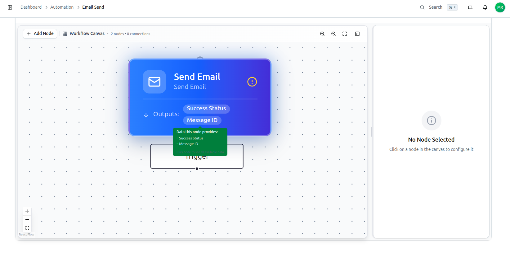 The Send Email node on the workflow canvas, showing its Success Status and Message ID outputs