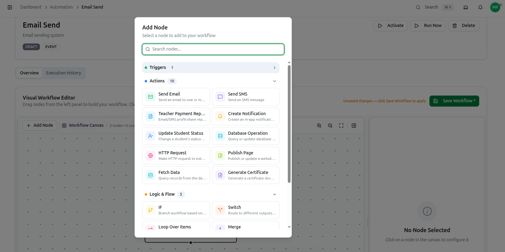 The Add Node dialog with Search nodes, the Triggers/Actions/Logic & Flow groups expanded, and Send Email highlighted in the Actions list