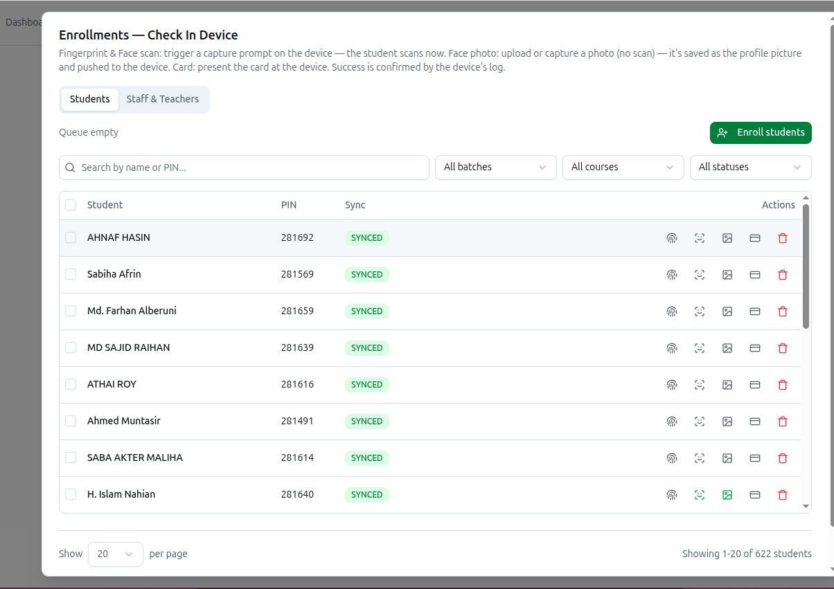 The Enrollments dialog: Students/Staff & Teachers tabs, filters, and the PIN/Sync table